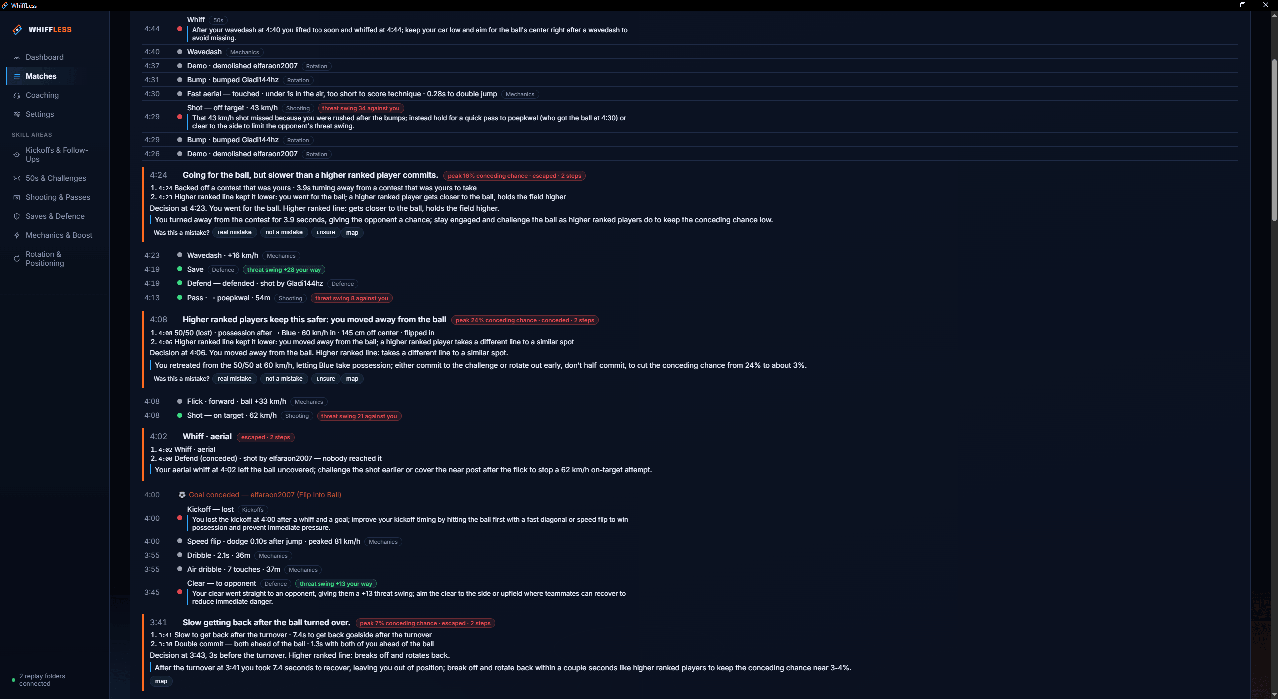 Coaching notes in the WhiffLess Replay Analysis, each with buttons asking whether it was a real mistake.
